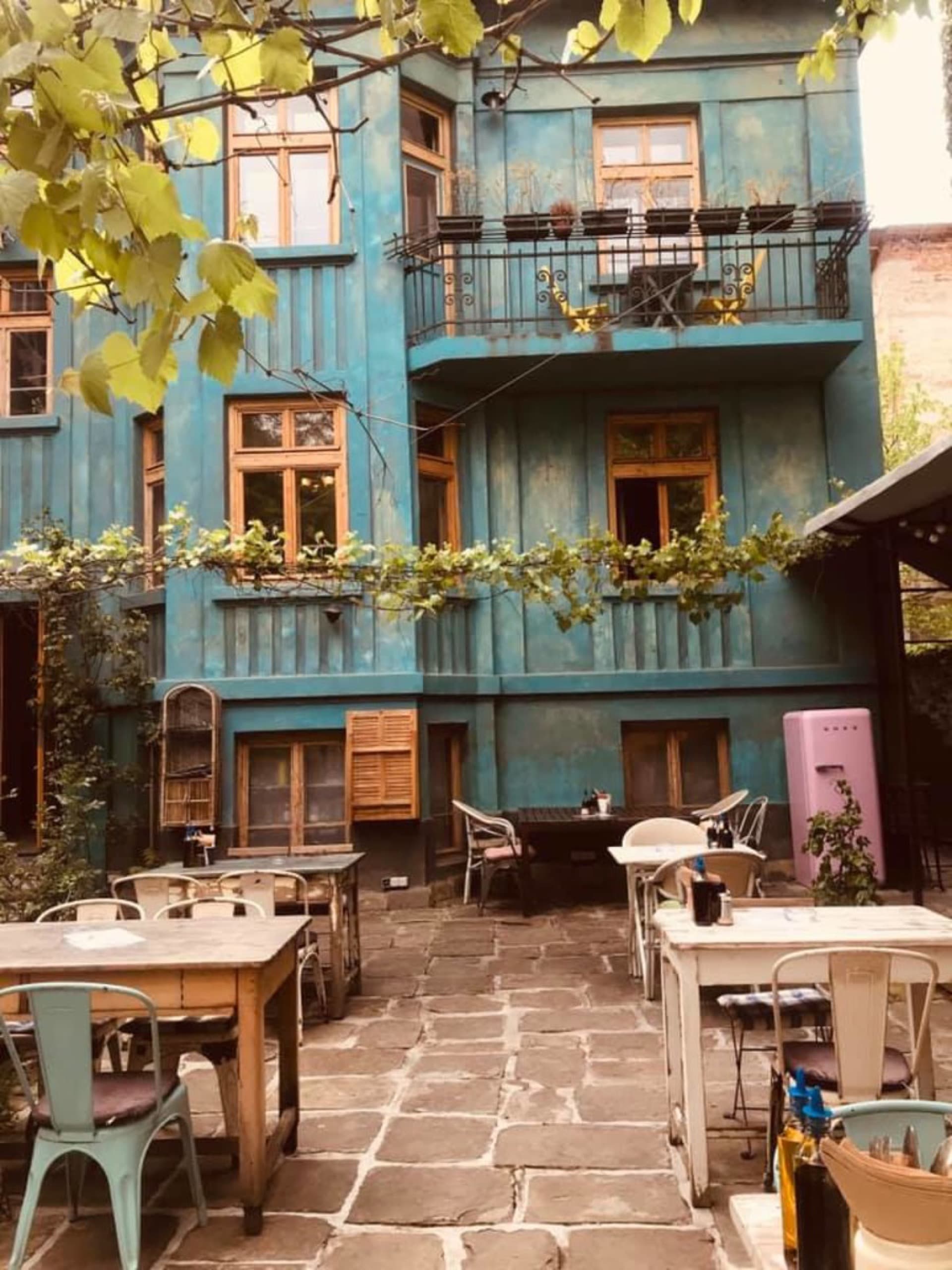 Made in Blue restaurant courtyard with vine-covered entrance